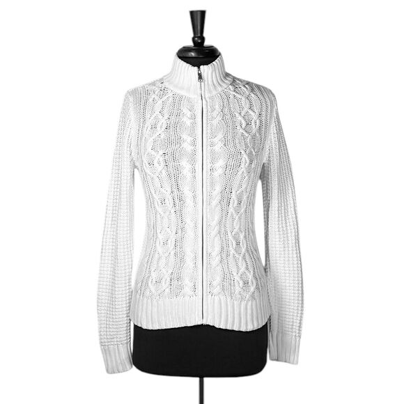 Ralph Lauren Womens Sweater White Cable Knit Zip Preppy Old Money Knit Jacket S - Picture 1 of 11
